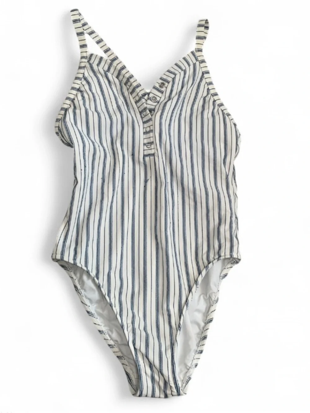 Seafolly White and Blue Striped Button Neck One-Piece Swimsuit